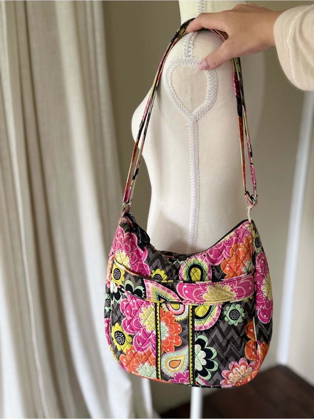 Vintage Vera Bradley Ziggy zinnia Cotton Quilted Floral Shoulder hobo Bag Pink - Picture 2 of 11